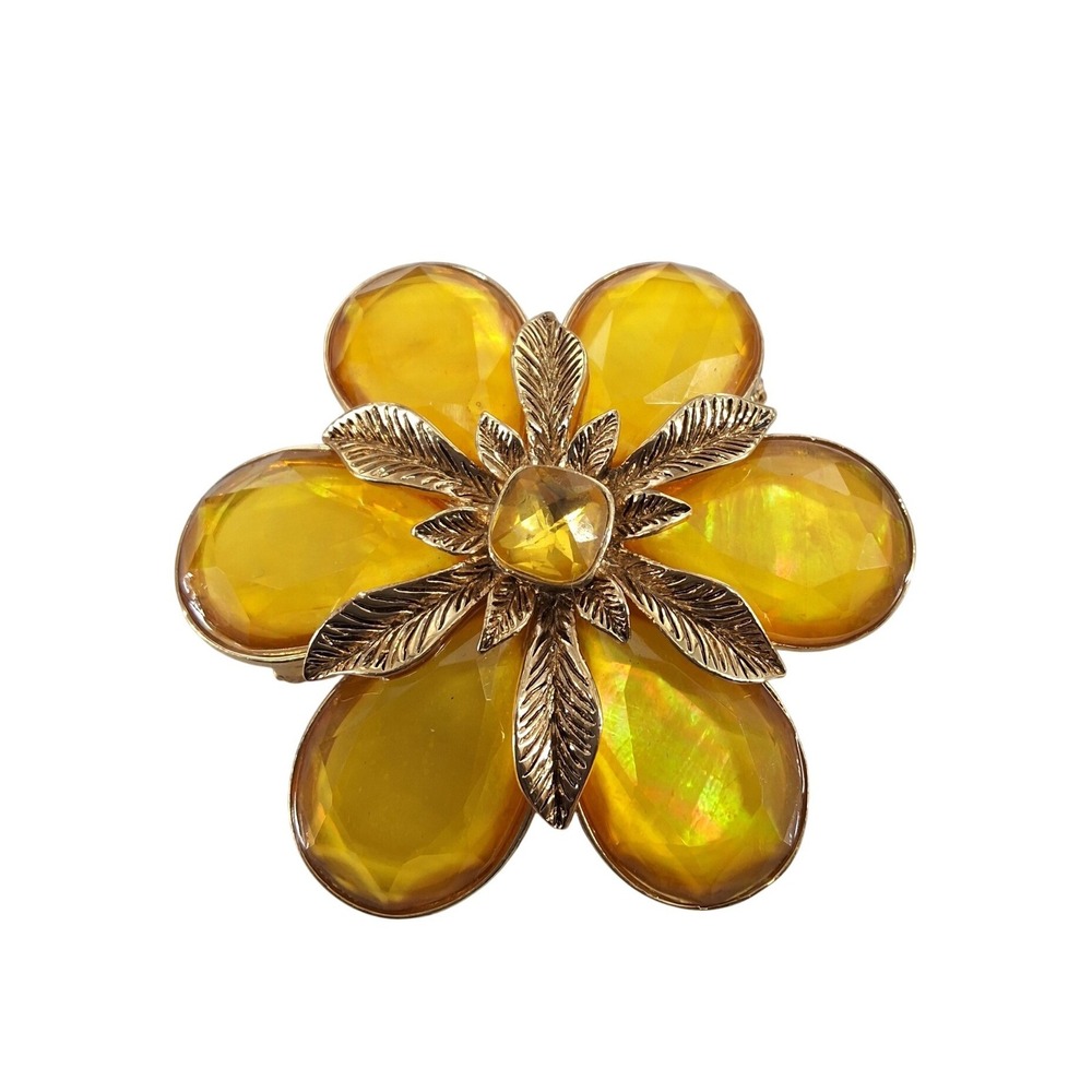 Vintage Monet Yellow Flower Brooch Gold Tone Iridescent Resin Petal Pin 2.25"